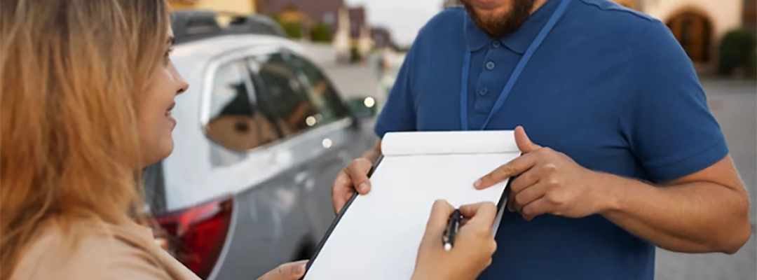 Personas revisando documentos de un carro
